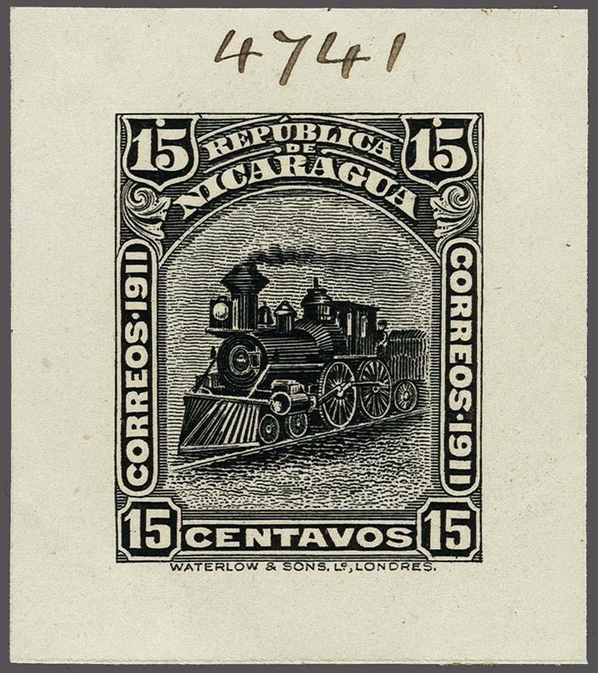Nicaragua Waterlow 1912 Locomotive stamp Die Proof (in Black) of the 15c value